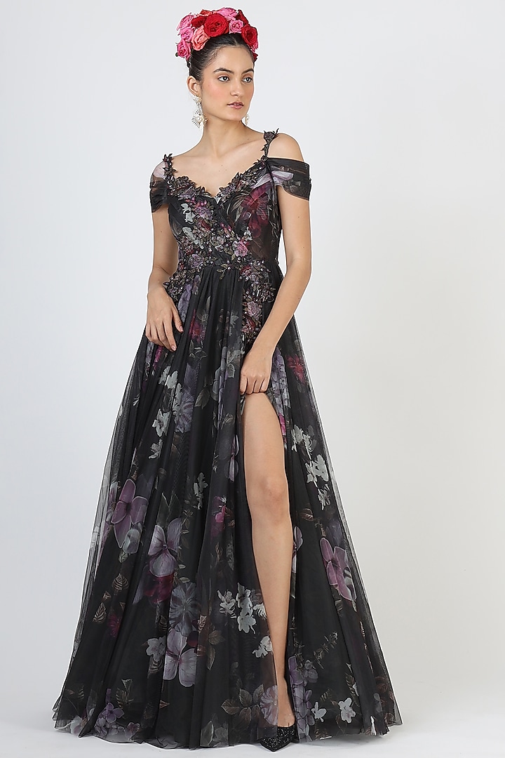 Black Floral Printed & Embroidered Gown by Geisha Designs