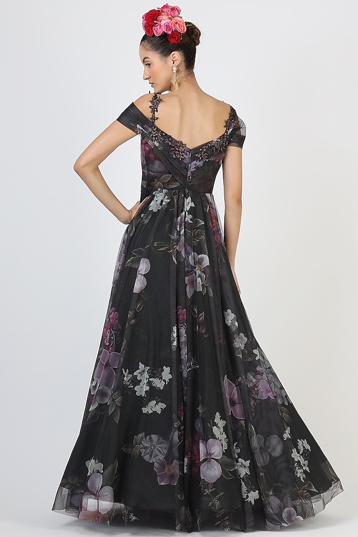 Black Floral Printed & Embroidered Gown by Geisha Designs at Pernia's Pop Up Shop