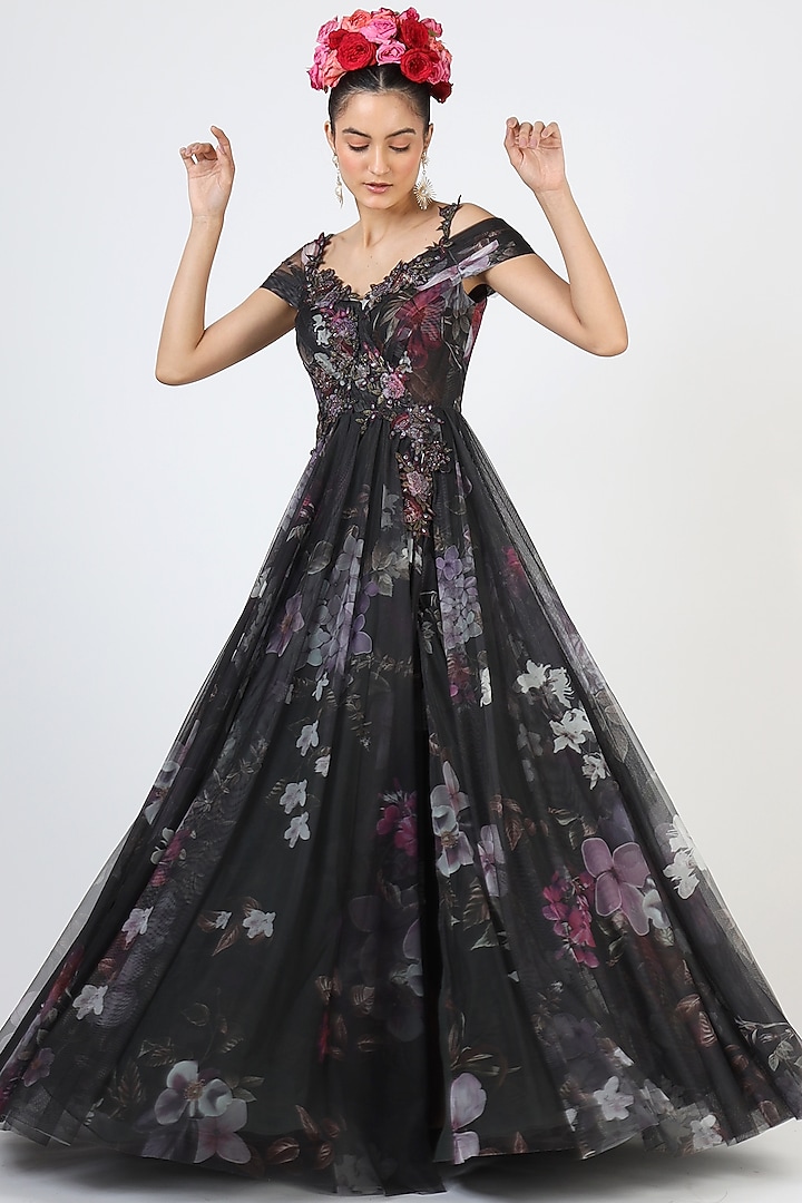 Black Floral Printed & Embroidered Gown by Geisha Designs at Pernia's Pop Up Shop