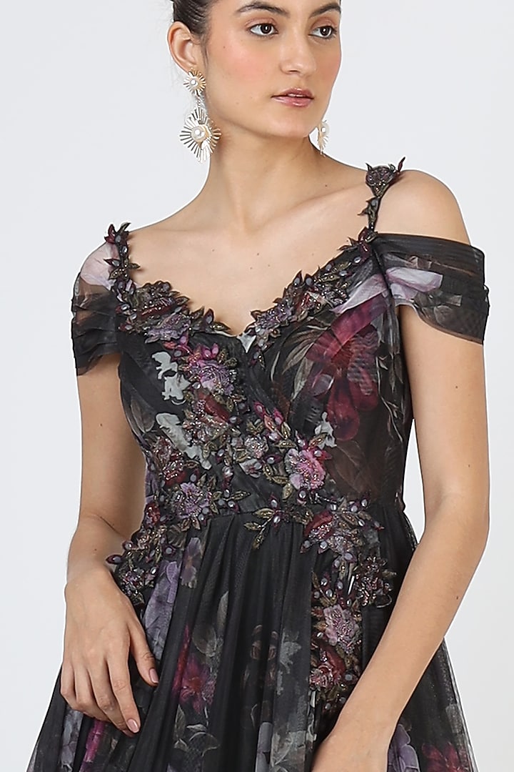 Black Floral Printed & Embroidered Gown by Geisha Designs at Pernia's Pop Up Shop