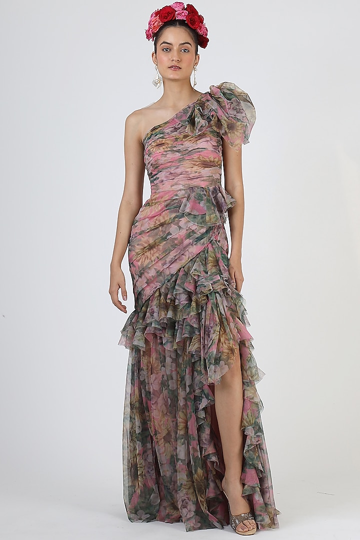 Pink Polyester Floral Printed Gown by Geisha Designs