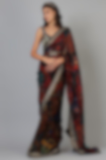Maroon Embroidered & Printed Cocktail Saree Set by Geisha Designs