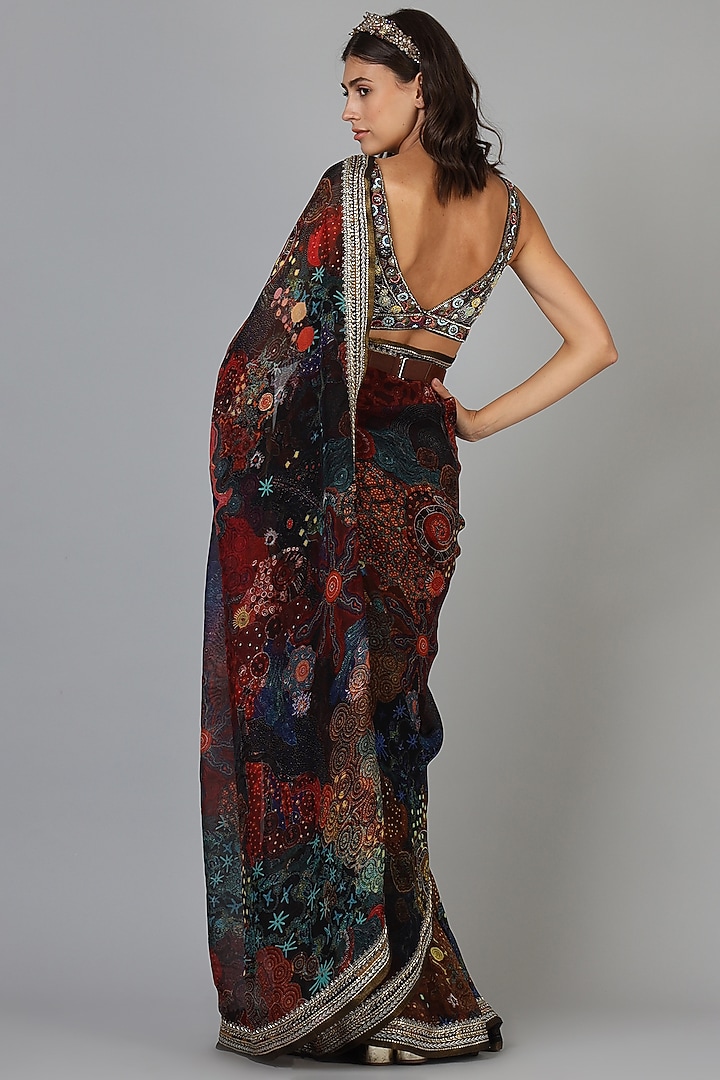 Maroon Embroidered & Printed Cocktail Bridal Saree Set by Geisha Designs at Pernia's Pop Up Shop