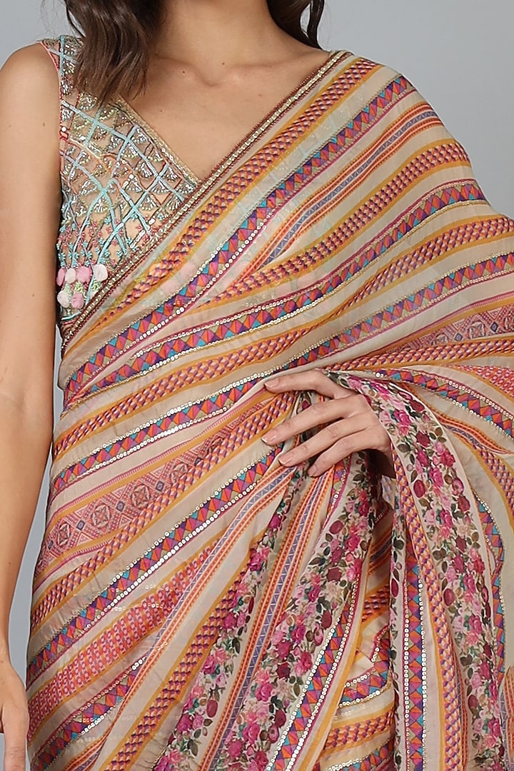 Multi-Colored Viscose Floral Embroidered Reception Saree Set by Geisha Designs at Pernia's Pop Up Shop