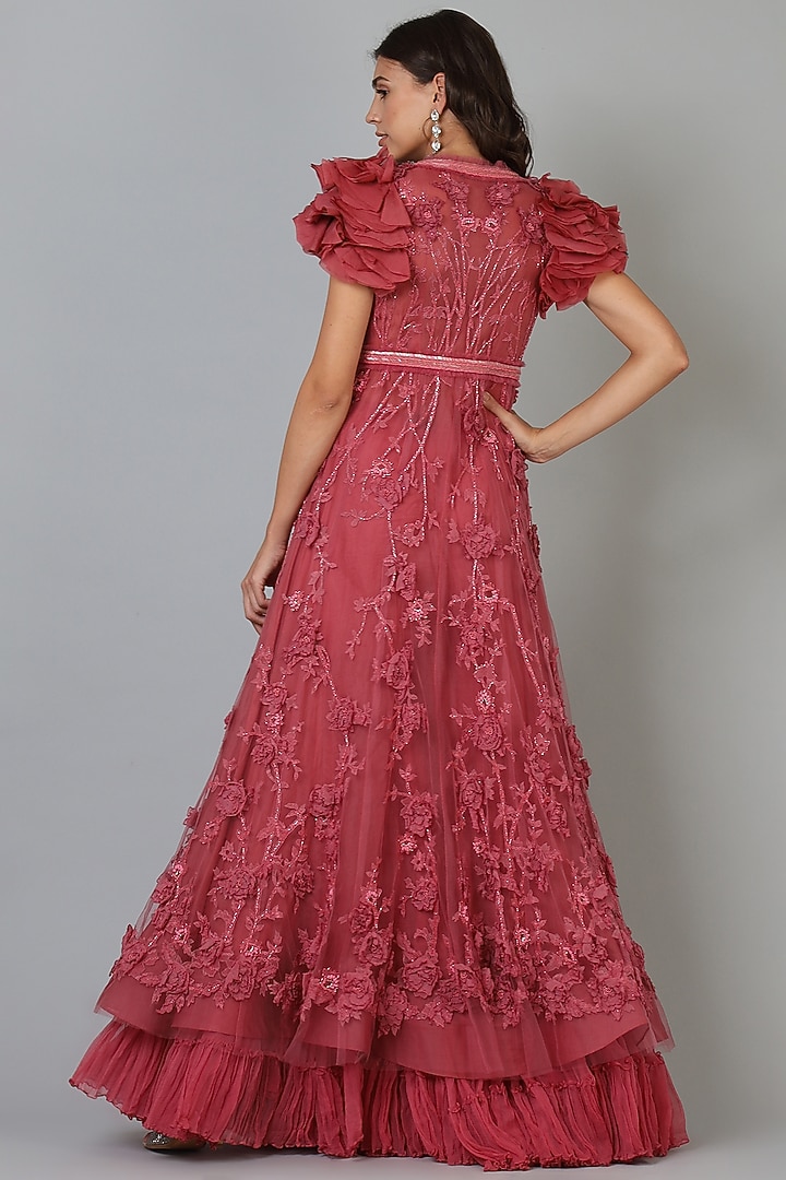 Rose Pink Embroidered A-Line Bridal Anarkali Set by Geisha Designs at Pernia's Pop Up Shop