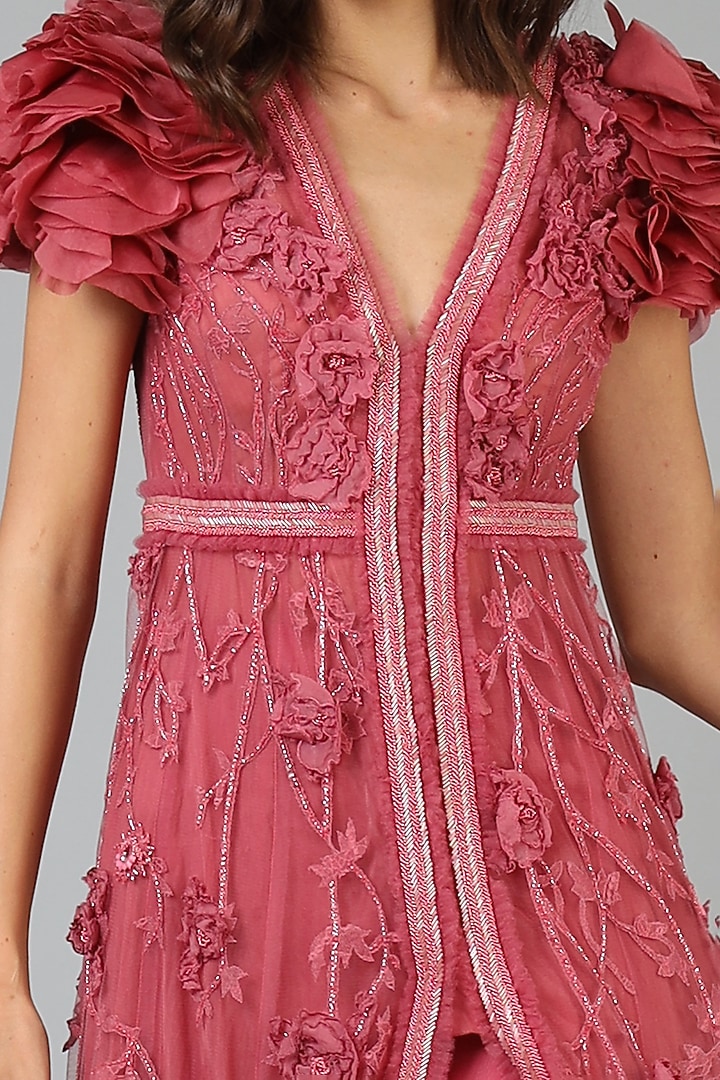 Rose Pink Embroidered A-Line Bridal Anarkali Set by Geisha Designs at Pernia's Pop Up Shop