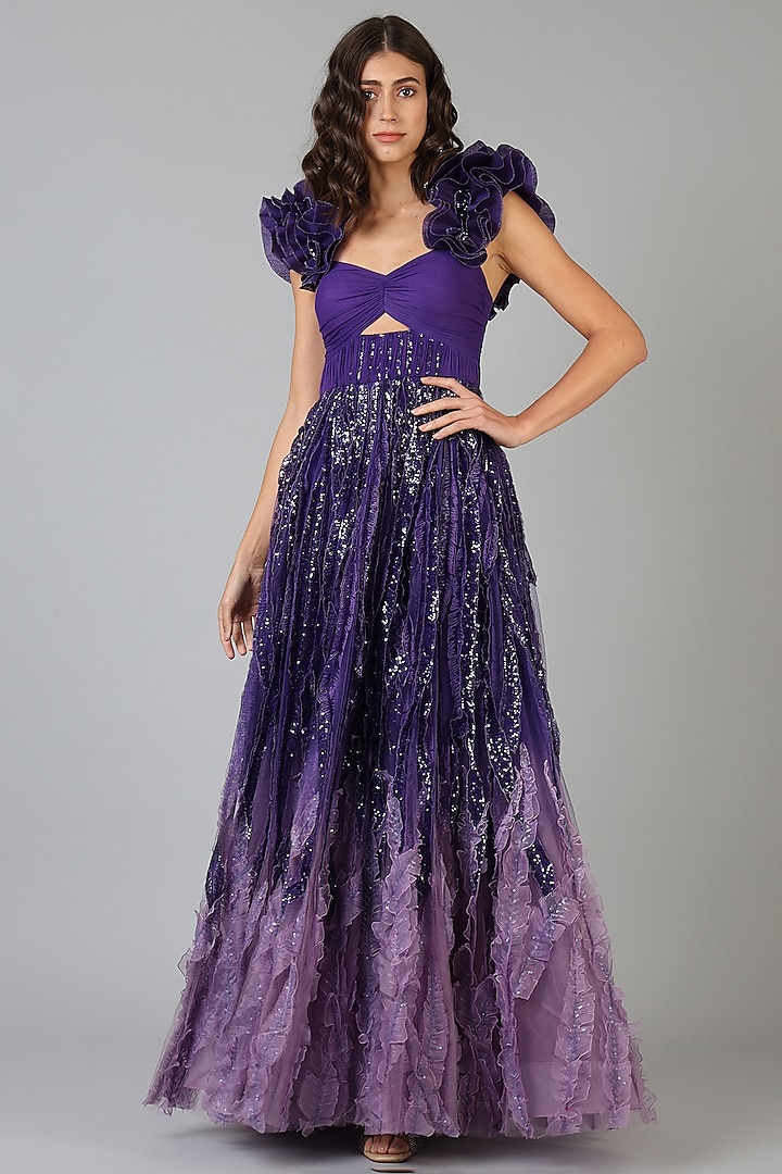 Purple Embroidered Cocktail Gown by Geisha Designs