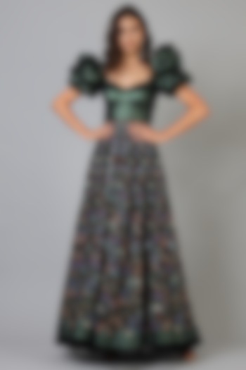 Metallic Bottle Green Floral Embroidered Gown by Geisha Designs