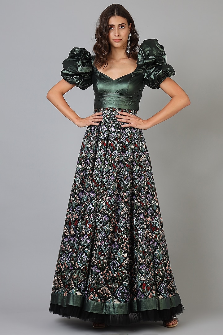 Metallic Bottle Green Floral Embroidered Gown by Geisha Designs