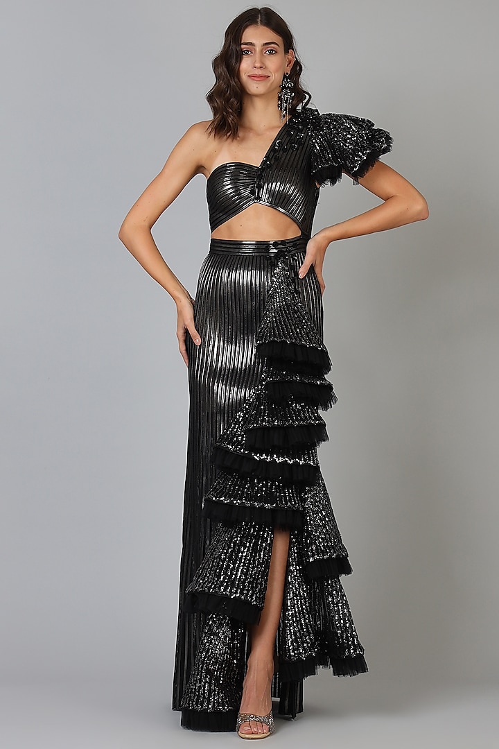 Metallic Black Embroidered Cocktail Gown by Geisha Designs