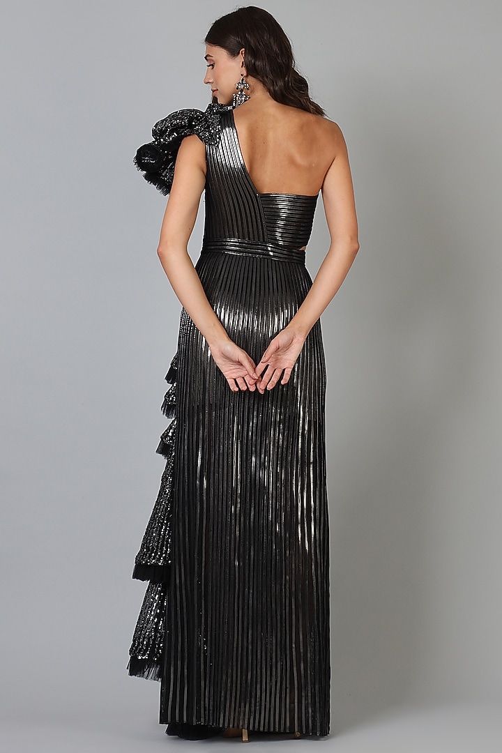Lycra Cocktail Gown with Contrast Black Embroidery