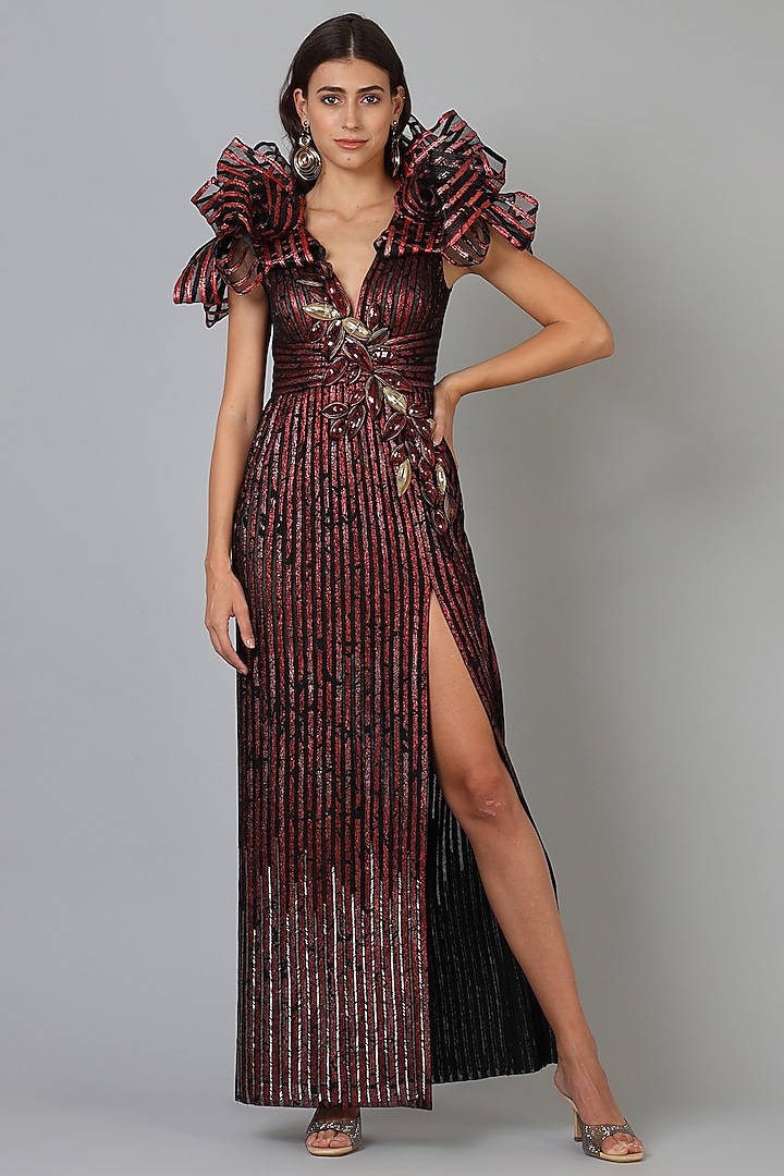 Metallic Maroon & Black Embroidered Cocktail Gown by Geisha Designs