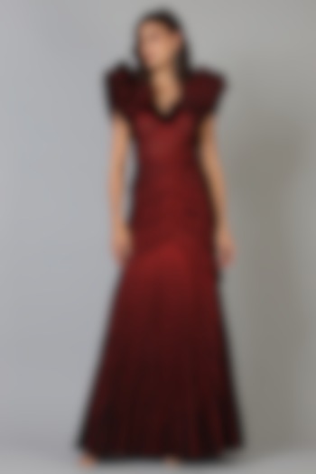 Deep Maroon & Black Polyester Cocktail Gown by Geisha Designs