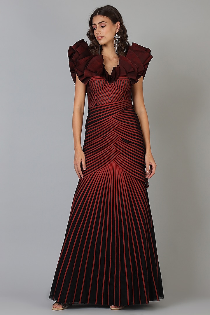 Deep Maroon & Black Polyester Cocktail Gown by Geisha Designs