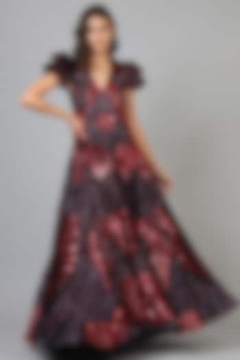 Metallic Maroon & Purple Embroidered Gown by Geisha Designs