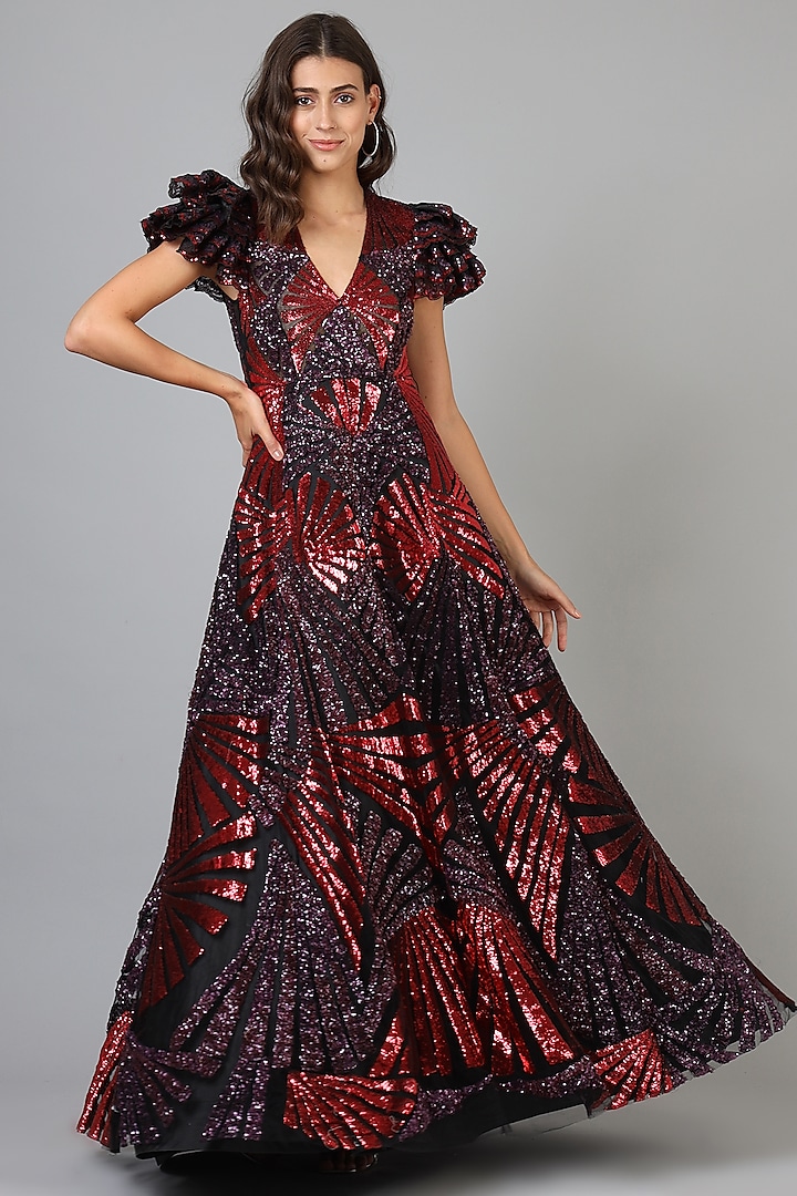 Metallic Maroon & Purple Embroidered Gown by Geisha Designs