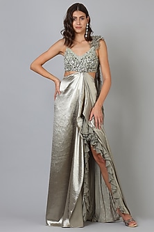 Grey & Silver Zardosi Embroidered Gown by Geisha Designs-METALLICS