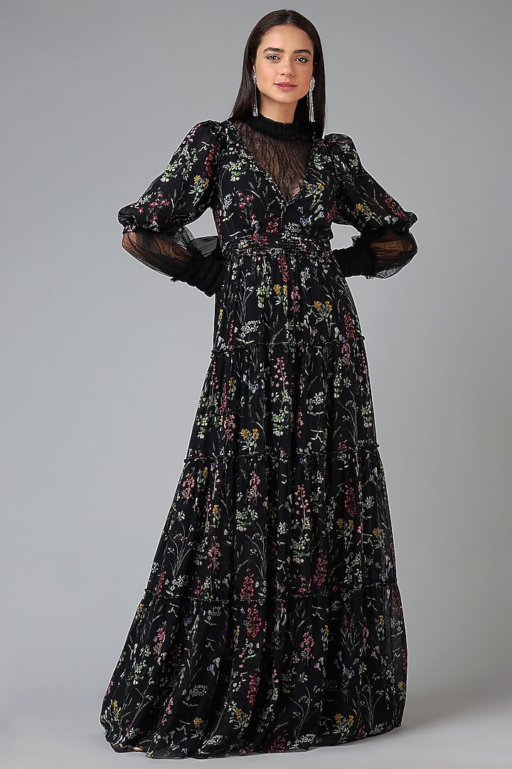 Black Floral Printed Tiered Gown With Inner by Geisha Designs