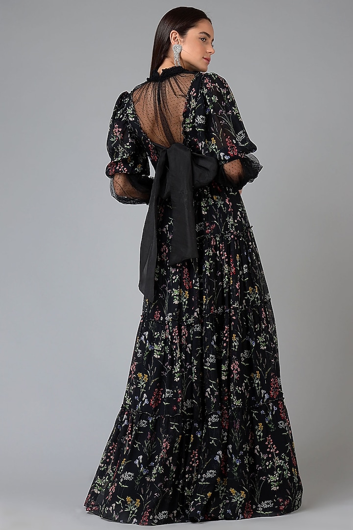 Black Floral Printed Tiered Gown With Inner by Geisha Designs at Pernia's Pop Up Shop