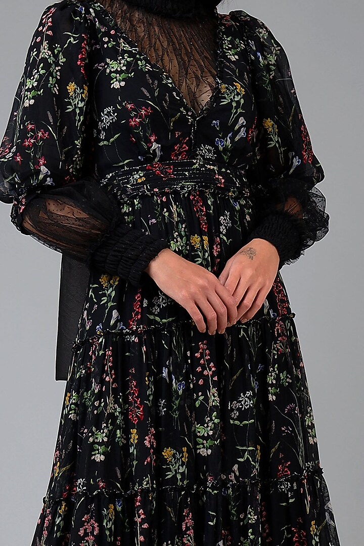 Black Floral Printed Tiered Gown With Inner by Geisha Designs at Pernia's Pop Up Shop