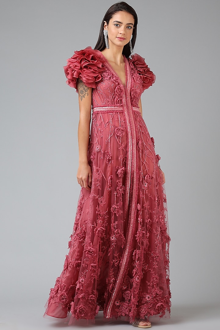 Rose Pink Gown With Handcrafted Roses by Geisha Designs