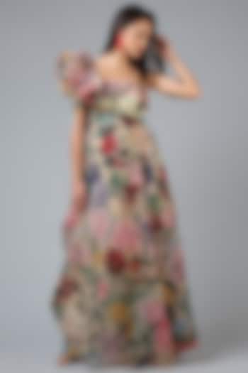 Gentle Yellow Floral Printed One-Shoulder Gown by Geisha Designs