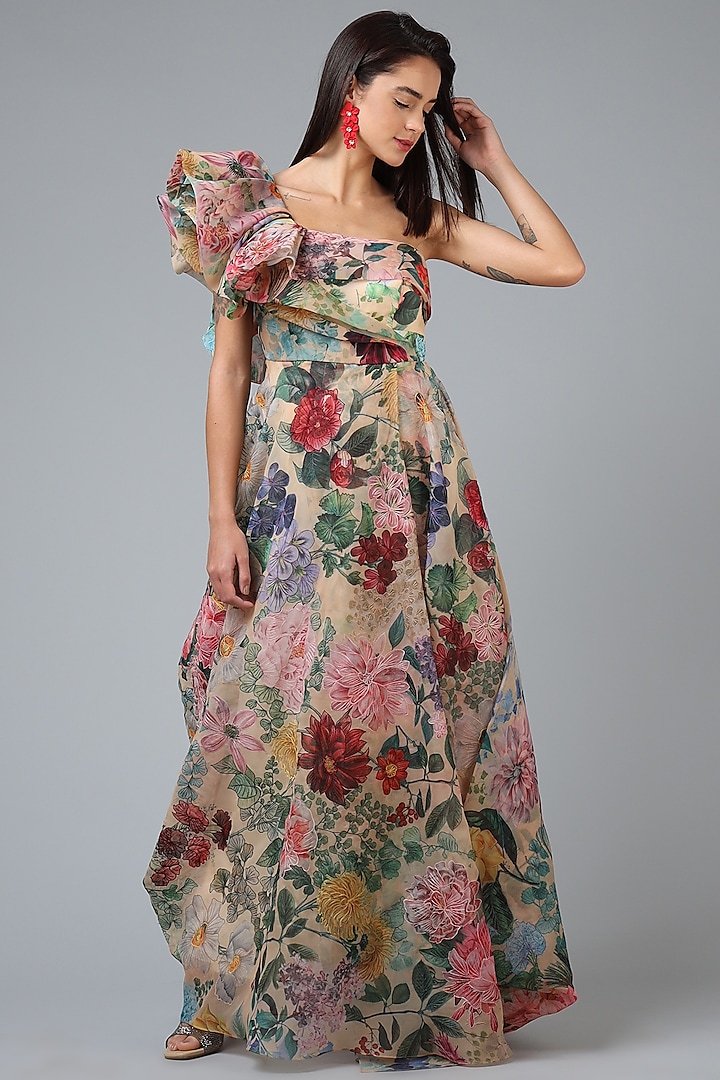 Gentle Yellow Floral Printed One-Shoulder Gown by Geisha Designs