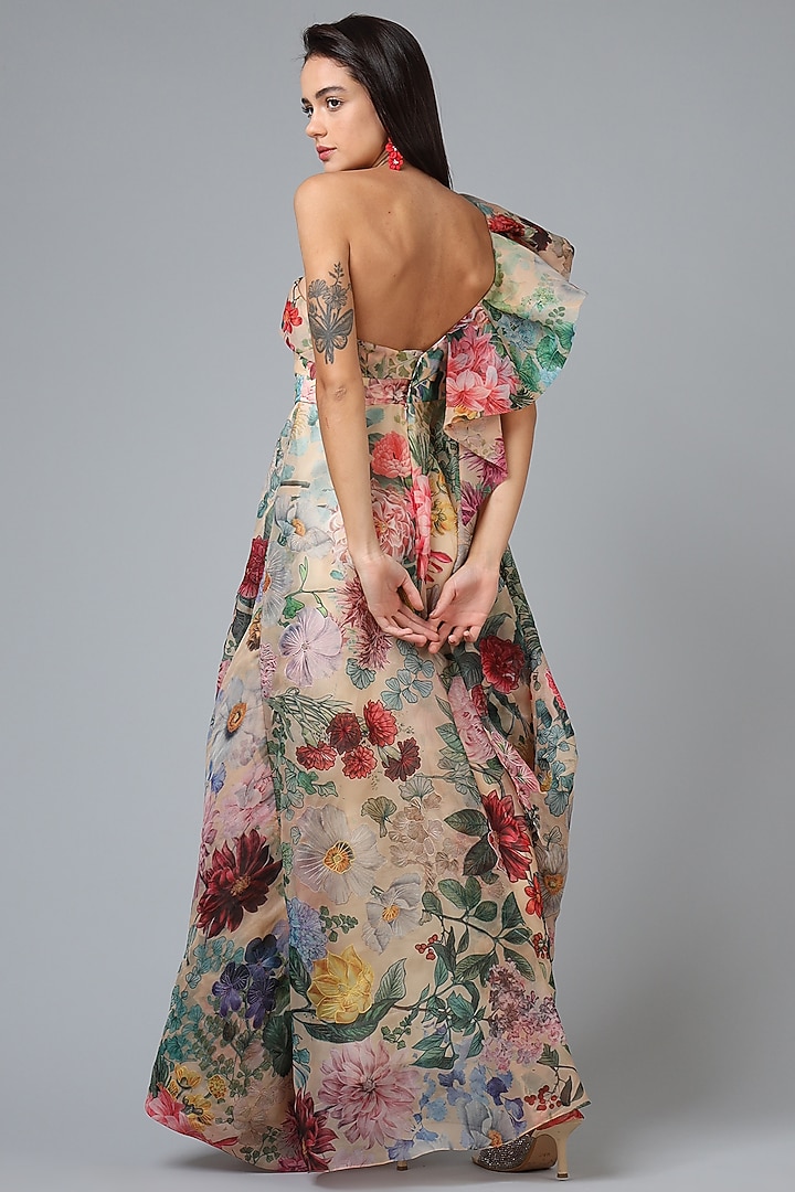 Gentle Yellow Floral Printed One-Shoulder Gown by Geisha Designs at Pernia's Pop Up Shop