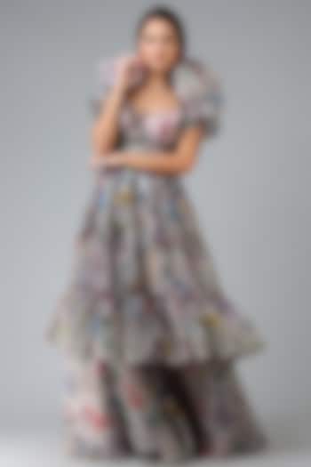 Pearl Grey Floral Printed Gown by Geisha Designs
