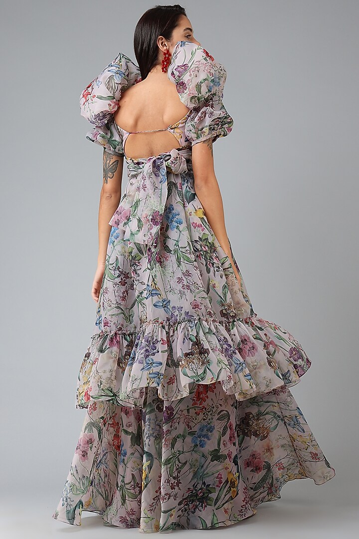 Pearl Grey Floral Printed Gown by Geisha Designs at Pernia's Pop Up Shop