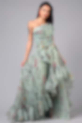 Ice Green Floral Printed Ruffled Gown by Geisha Designs