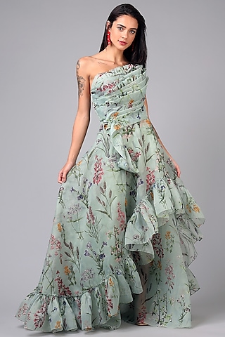 Ice Green Floral Printed Ruffled Gown by Geisha Designs