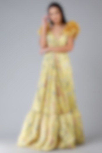 Pastel Yellow Floral Printed Gown by Geisha Designs