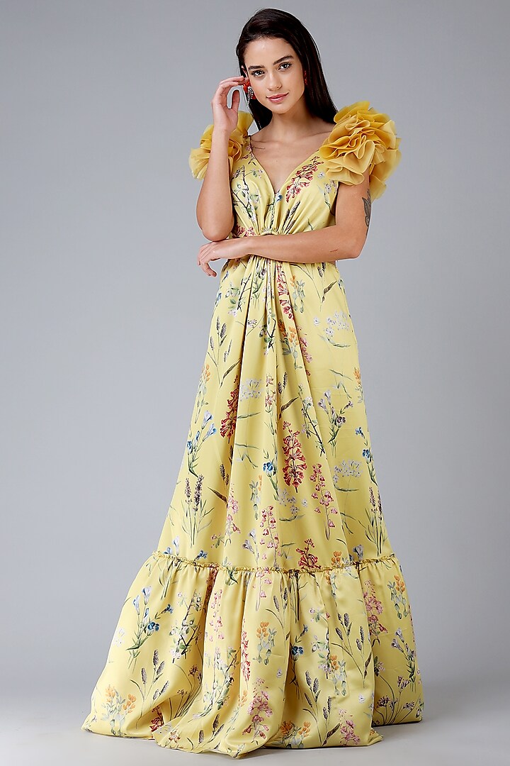 Pastel Yellow Floral Printed Gown by Geisha Designs