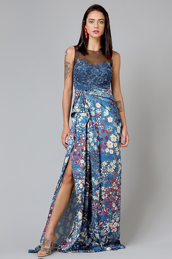 Blue Printed Draped Evening Gown by Geisha Designs