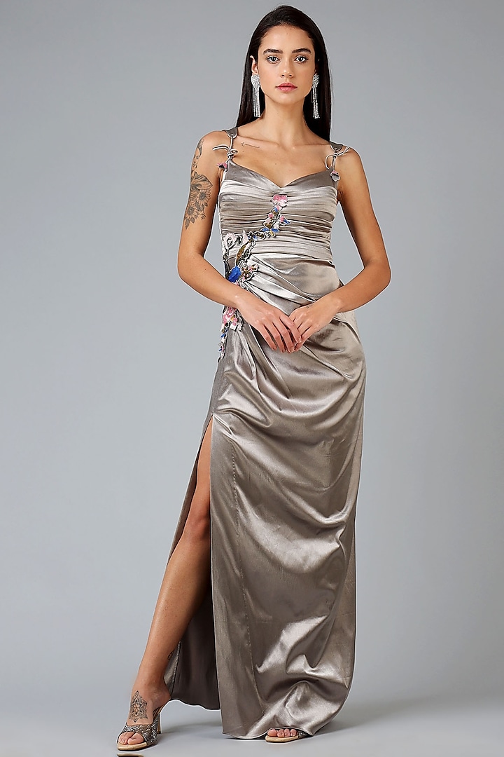 Silver Embroidered Pleated Evening Gown by Geisha Designs