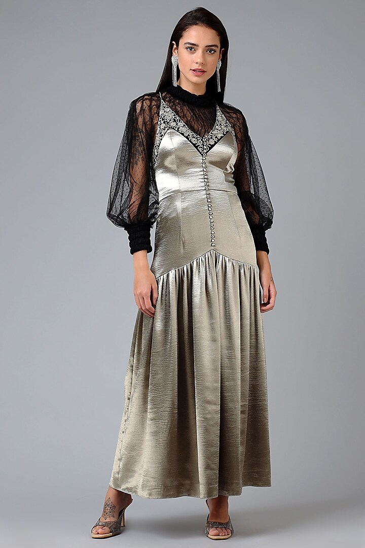 Silver Polyester Evening Gown With Black Inner by Geisha Designs