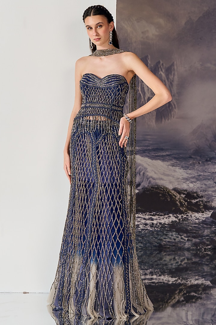Dark Blue Viscose Geometric Caged Beads Work Bridal Lehenga Set by Geisha Designs at Pernia's Pop Up Shop