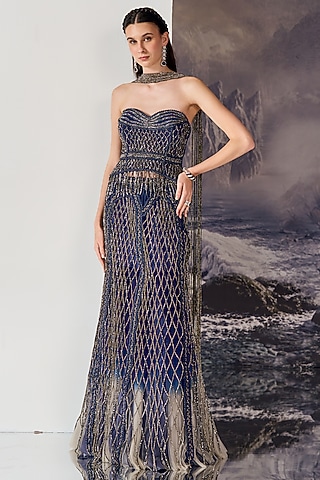 Dark Blue Viscose Geometric Caged Beads Work Lehenga Set by geisha designs