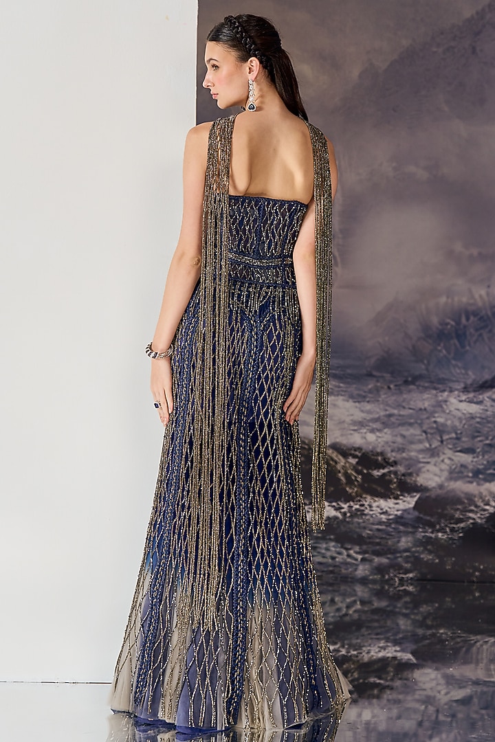 Dark Blue Viscose Geometric Caged Beads Work Bridal Lehenga Set by Geisha Designs at Pernia's Pop Up Shop