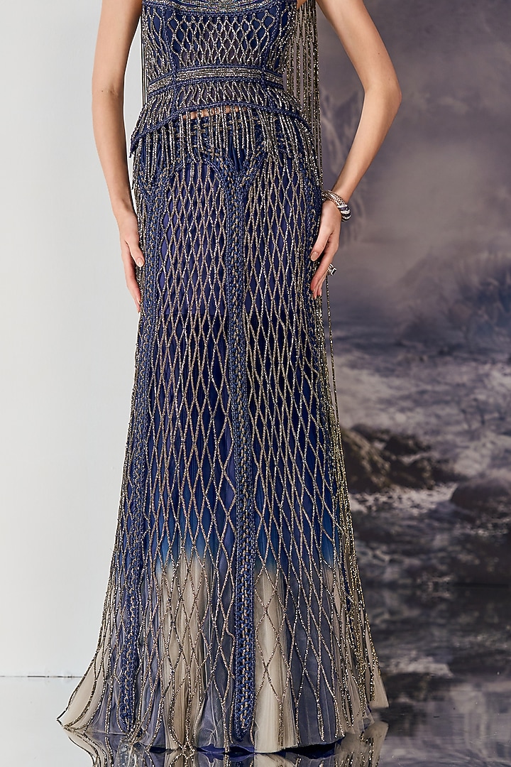 Dark Blue Viscose Geometric Caged Beads Work Bridal Lehenga Set by Geisha Designs at Pernia's Pop Up Shop
