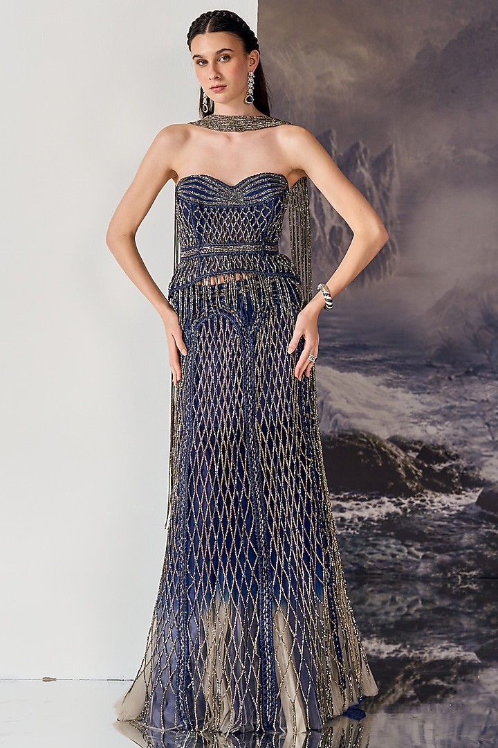Dark Blue Viscose Geometric Caged Beads Work Bridal Lehenga Set by Geisha Designs at Pernia's Pop Up Shop