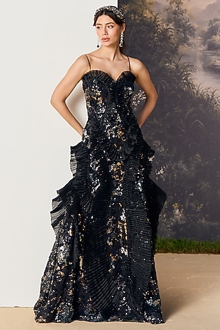 Black Nylon & Viscose Organza Ruffled Gown by geisha designs