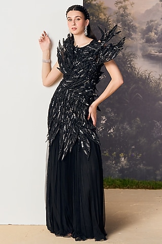Midnight Black Nylon & Polyester 3D Sculpted Gown by Geisha Designs