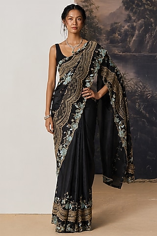 Black Nylon & Poly Thread Embroidered Saree Set by Geisha Designs
