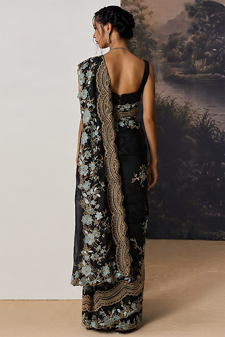 Black Nylon & Poly Thread Embroidered Bridal Saree Set by Geisha Designs at Pernia's Pop Up Shop