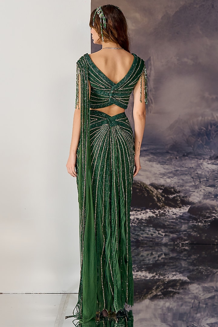 Emerald Green Nylon & Viscose Fringed Draped Bridal Saree Set by Geisha Designs at Pernia's Pop Up Shop