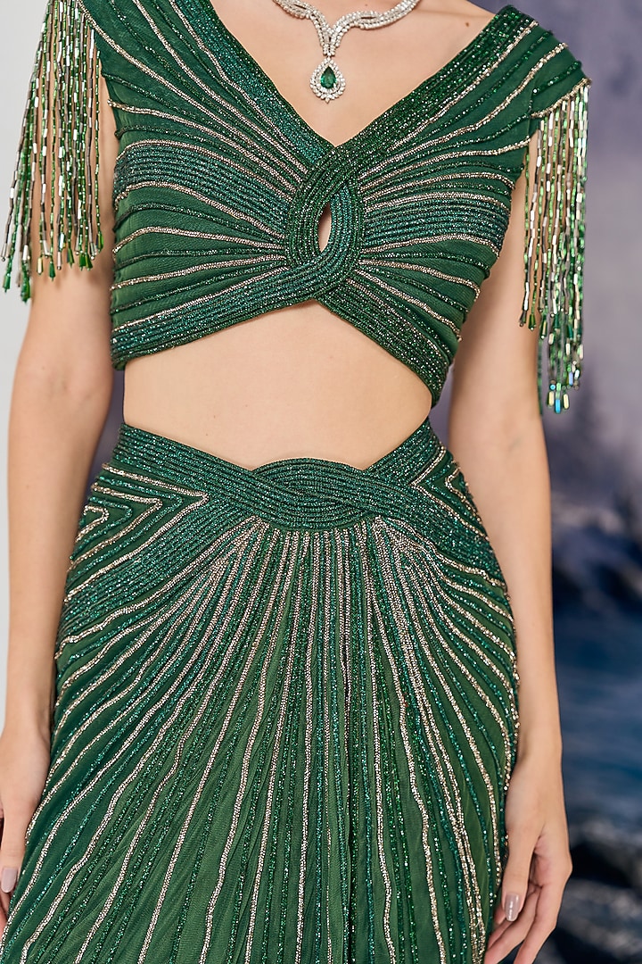 Emerald Green Nylon & Viscose Fringed Draped Bridal Saree Set by Geisha Designs at Pernia's Pop Up Shop