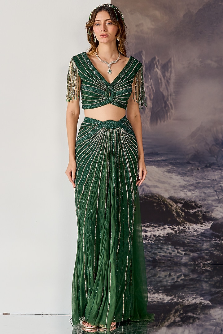 Emerald Green Nylon & Viscose Fringed Draped Bridal Saree Set by Geisha Designs at Pernia's Pop Up Shop