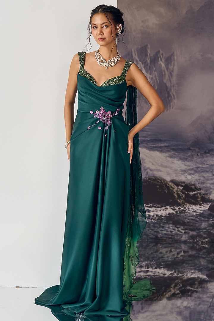 Emerald Green Nylon & Viscose 3D Floral Petals Wedding Gown by Geisha Designs at Pernia's Pop Up Shop